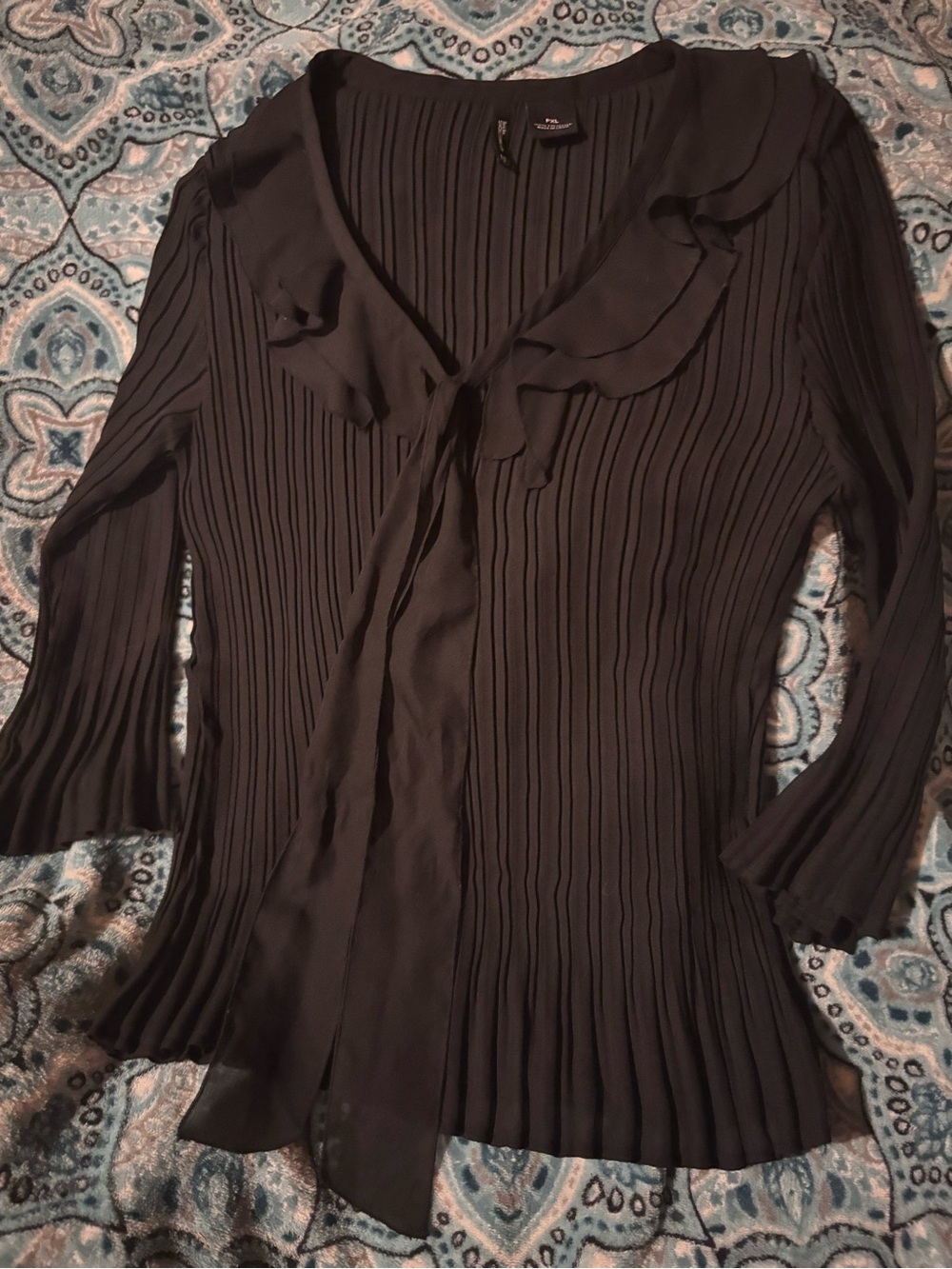 new directions Black Pleated Ruffle V-Neck Blouse